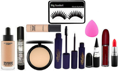 

big Basket Eyelashes , spounge Puff , Studio Waterweight Foundation , Perl Gel Primer , Studio Fix Compact , Pro Long Wear Conceler , Padma Eyeliner And Mascara , Stick Kaj. , Maroon Lip Gloos , Matte Finish orange Lipstick ,(Set of 11)