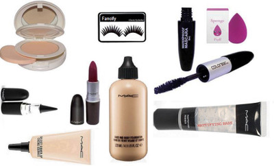 

fancify Sponge puff Mac face and body foundation and Light full compact,stick k with select cover up concealer & matte finish long lasting lipstick With Mac Mattifying Base Primer and Colorbar Eyeliner And mascara 2 in 1(Set of 9)