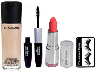 

Pro longwear combo eyelashes, Mac matchmaster Foundation, Colorbar 2in1 Eyeliner & Mascara, Lipstick(Set of 4)