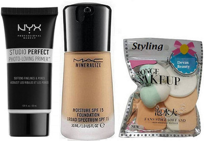 

divas beauty Sponge Puff &Mac Mineralize Liquid Foundation, NYX Studio Perfect Photo-Loving Face Primer Gel 30 ml(Set of 3)
