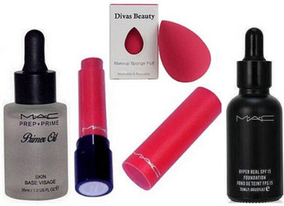 

Divas Beauty Sponge Puff, Hyper Real Mac Foundation, Prep+prime Primer oil, Liptensity Lipstick(Set of 4)
