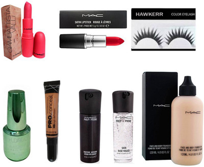 

Hawkerr combo of eyelashes, Mac giambattista lipstick, nail polish, Mac primer, Mac Serum Visage, Foundation, L.A girl concealer Mac lipstick (set of 8)(Set of 8)