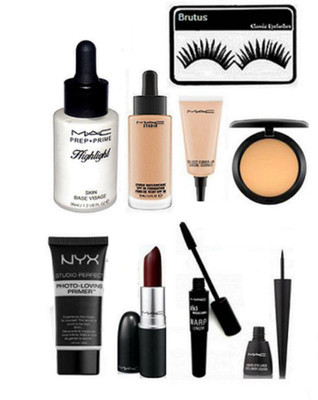

brutus Eyelashes , Mac Highlighter , Studio Waterproof Liquid Foundation , Select Cover Up , Compact , NYX Primer , Lipstick , Mascara , Eyeliner(Set of 9)