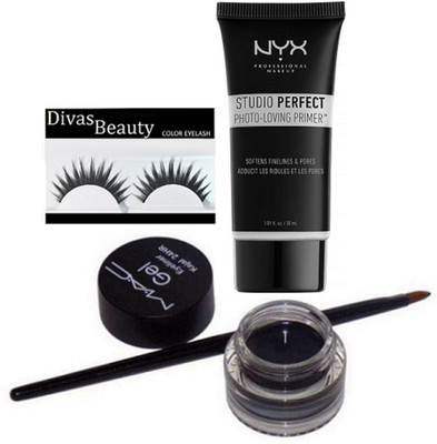 

divas beauty Eyelashes &New Gel Eyeliner Long Lasting Waterproof Smooth of Mac, NYX Studio Perfect Photo-Loving Face Primer Gel 30 ml(Set of 3)