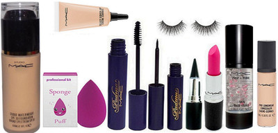 

Professional kit Sponge Puff & Mac Studio Waterweight Foundation & Padma Mascara & Eyeliner & Eyelashes & Stick Kaj & pink Lipstick & Select Cover up & Primer & Pro Longwear Concealar(Set of 10)