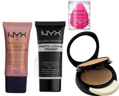 

divas beauty Sponge puff With photo-loving Face Primer,Born to Glow Liquid Illuminator, Two Way Compact(Set of 4)