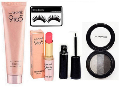 

Divas Beauty ation and Primer+Matte Lipstick And Mac liquid last eyeliEyelashes, Weightless Mousse Foundner& Eyeshadow Fard A Joues Mineralize(Set of 5)