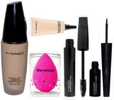 

marvalous Sponge Puff, Mac Hyper Real Foundation SPF 15, Haute And Naughty Mascara, Liuqid Last Eyeliner, Select Cover-up(Set of 5)