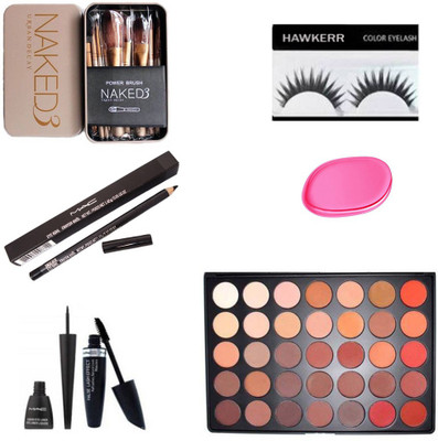 

Hawkerr Combo of Eyelashes, Eyeliner,mascara,silicon puff,naked brush set 12, eyeshadow morphe & eyebrow pencil (Set of 7)(Set of 7)