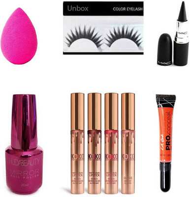 

unbox combo set of sponge puff eyelashes kajal kylie la concealer nail paint(Set of 9)