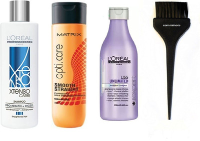 

Comminors Of hair Brush & Paris X-tenso care Kerotin Incell Hair shampoo & unlimited Kerotinoil Comples Shampoo & smoth straight shampo ( set of 4)(Set of 1)