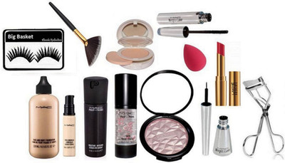 

big basket Eyelashes, Face and Body Foundation, Pro longwear Concealer,Face Serum, Fit Beauty Make Up Powder Illuminator, Prep+Prime Skin Base Visage Primer,Brooke Candy Liner&Mascara,Lightfull Compact, Absolute Lipstick,Eyelashes Curler, Sponge puff,huda