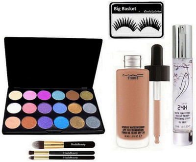 

big basket Eyelashes, Studio Waterwight Foundation, 24H Smoothing Effect Face Primer, 18 shade Eyeshadow Palette & Huda Brush (3)(Set of 7)