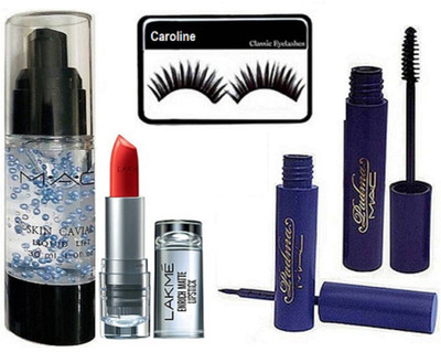 

caroline Eyelashes, Mac Skin cavial Primer, Padma Eyeliner and Mascara& Lakme 9to5 Enrich Matte Lipstick(Set of 5)