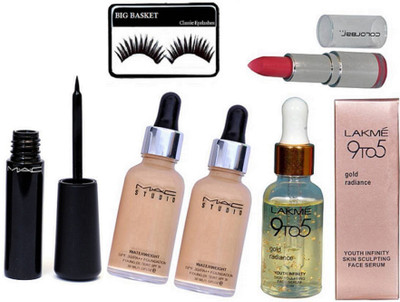 

big Basket Eyelashes & Lakme 9 to 5 gold radiance youth infinity skin sculputing face serum,Mac studio waterweight spf 30/pa++ foundation& Colourbar lipstick(Set of 6)