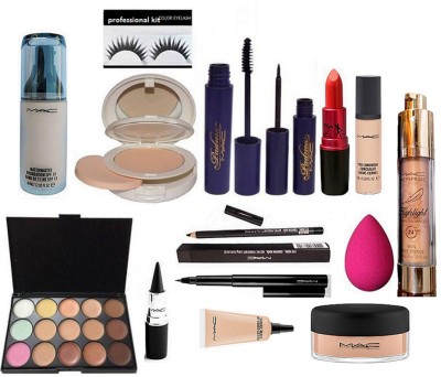 

Professional kit Eyelashes & Matchmaster Foundation & Face Compact & Padma Eyeliner & Mascara & Pro Longwear Concealer & Lady Gaga Lipstick & Select Cover-up & 15 Shade Concealer Paltte & Pencil Kaj & Pen Eyeliner & Loose Powder & Sponge Puff & Stick kaj 