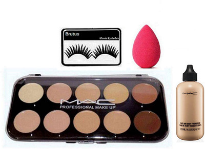 

brutus Eyelashes , Mac Professional Makeup Cream Concealer 10 shade palette, Face & Body Foundation With Sponge Puff(Set of 4)