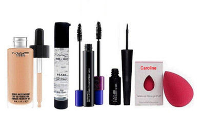 

caroline Sponge Puff, Mac Studio WaterWeight Spf 30 Foiundation, Liquid Last Eyeliner, Mac Prep+prime Pearl Gel primer, Houte and Naughty Double Effect Mascara(Set of 5)