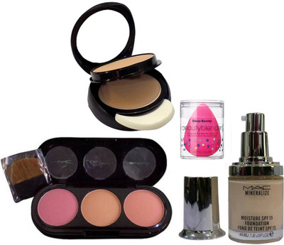 

divas beauty Sponge Puff & Mac 3 Shade Blusher & Moisture Liquid Foundation With Two Way Compact(Set of 4)