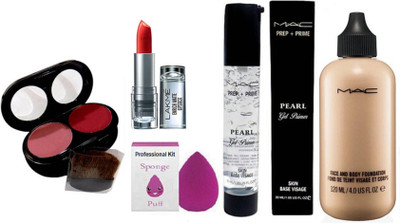 

Professional kit Sponge Puff With Mac Face And Body Foundation,Prep+Prim Pearl Gel Primer, 2 Shade Blusher&Lakme 9to5 Enrich Matte Lipstick(Set of 5)