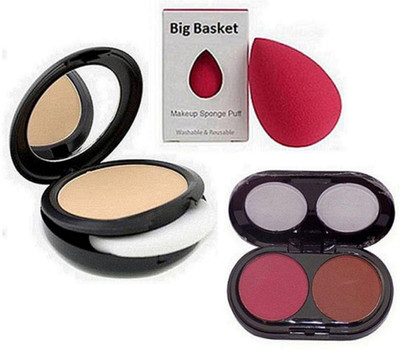 

big Basket Sponge Puff, 2 Shades Blusher, Fix Compact(Set of 3)