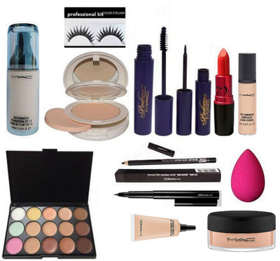 

Professional kit Eyelashes & Matchmaster Foundation & Face Compact & Padma Eyeliner & Mascara & Pro Longwear Concealer & Lady Gaga Lipstick & Select Cover-up & 15 Shade Concealer Paltte & Pencil Kaj & Pen Eyeliner & Loose Powder & Sponge Puff(Set of 13)