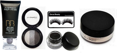 

Divas Beauty Eyelashes, Select Sheer Mac Loose Powder and Fluidline Gel Eye-Liner& Eyeshadow Fard A Joues Mineralize, Prep+Prime BB BEauty Balm Cream Foundation(Set of 5)