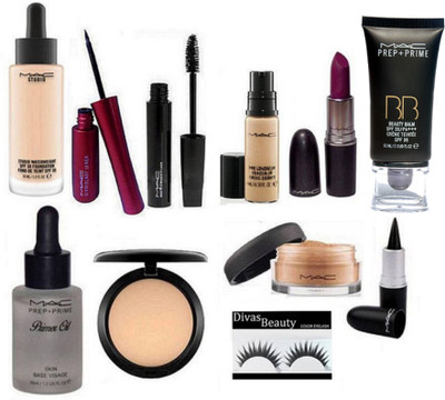 

Divas Beauty Eyelashes, Studio Waterweight Foundation, Pro Long Wear Concealer, Loose Powder, Prep+prime Primer Oil, Studio Fix Compact, Liquidlast Eyeliner, Houte and Naughty Mascara, Lustre Lipstick With stick, Prep+Prime BB BEauty Balm Cream Foundation
