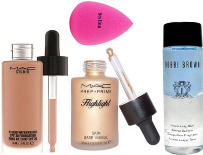 

styling sponge puff , mac studio water weight foundation , prep+prime highlight skin base visage with bobbi brown instant pro long wear makeup remover(Set of 4)