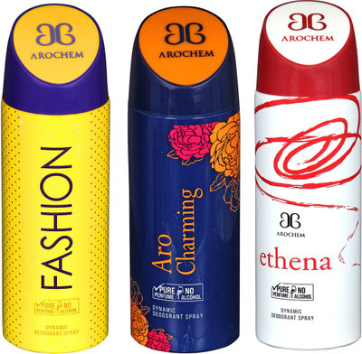 

AROCHEM FASHION , ARO CHARMING AND ETHENA DYNAMIC PURE Deodorant Spray - For Men & Women(200 ml, Pack of 3)