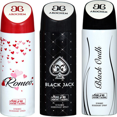 

arochem ROMEO & BLACK OUDH & BLACK JACK DEO COMBO DYNAMIC DEODORANT SPRAY Body Spray Body Spray - For Men & Women(600 ml, Pack of 3)