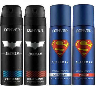 

Denver Superman Strength Deo + Superman Power Deo+Batman Urban Legend Deo +Batman Knight Warrior Deo 150 Ml EACH(PACK OF 4) Deodorant Spray - For Men(600 ml, Pack of 4)