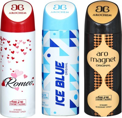 

arochem ROMEO & ARO MEGNET & ICE BLUE DEO COMBO DYNAMIC DEODORANT SPRAY Body Spray Body Spray - For Men & Women(600 ml, Pack of 3)