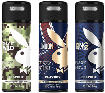 

Playboy Wild + London + King Deodorant Spray - For Men(450 ml, Pack of 3)