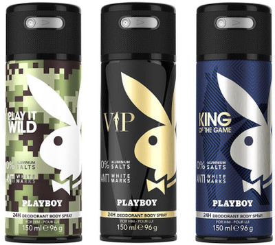 

Playboy King + Wild + VIP Deodorant Spray - For Men(450 ml, Pack of 3)