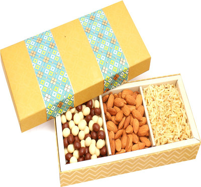 

Ghasitaram Gifts Dryfruits hamper-3 Part Print Almonds, Nutties and Namkeen Box Combo(4)