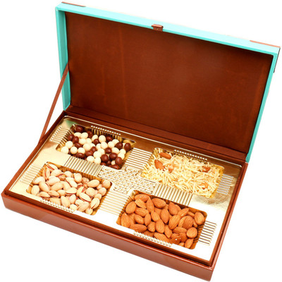 

Ghasitaram Gifts Dryfruits hamper-Green Wooden Hamper box with Almonds, Pistachios, Namkeen and Nutties 400 gms Combo(5)