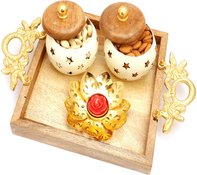 

Ghasitaram Gifts Dryfruits hamper-Square Wooden Platter with almonds and cashews jar and Golden T-Lite Combo(6)