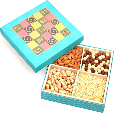 

Ghasitaram Gifts Dryfruits hamper-Blue Colourful Print Hamper box with Almonds, Pistachios, Namkeen and Nutties 400 gms Combo(5)