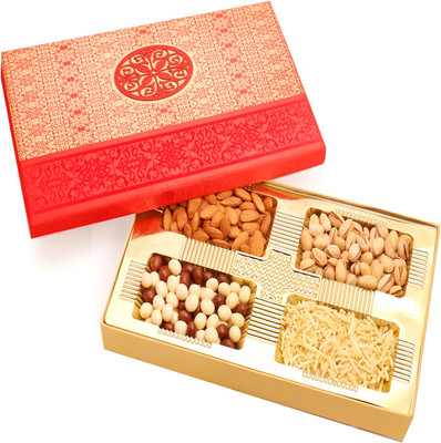 

Ghasitaram Gifts Dryfruits hamper-Red Satin Hamper box with Almonds, Pistachios, Namkeen and Nutties 400 gms Combo(5)