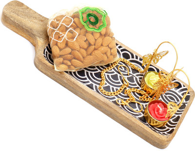 

Ghasitaram Gifts Dryfruits hamper-Wooden Blue Serving Platter with 2 Hanging T-Lite and Almonds Pouch Combo(4)