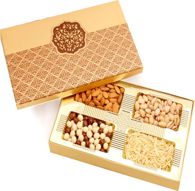 

Ghasitaram Gifts Dryfruits hamper-Golden Satin Hamper box with Almonds, Pistachios, Namkeen and Nutties 400 gms Combo(5)