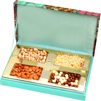 

Ghasitaram Gifts Dryfruits hamper-Festive Wooden Hamper box with Almonds, Pistachios, Namkeen and Nutties 400 gms Combo(5)