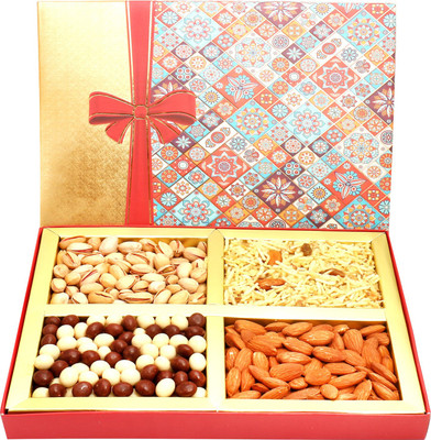 

Ghasitaram Gifts Dryfruits hamper-Printed Bow Hamper box with Almonds, Pistachios, Namkeen and Nutties 400 gms Combo(5)