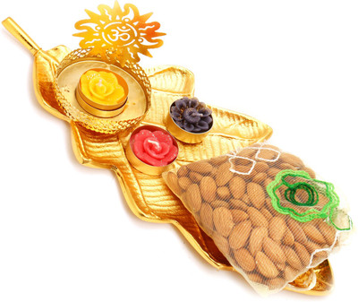 

Ghasitaram Gifts Dryfruits hamper-Golden Leaf Platter with Om T-Lite and almonds Pouch Combo(3)