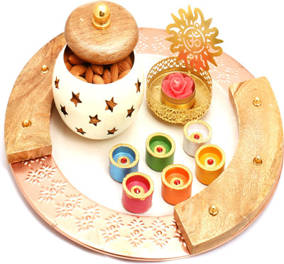 

Ghasitaram Gifts Dryfruits hamper-Wooden Copper Platter with Almonds Jar and Om T- Lite Combo(3)