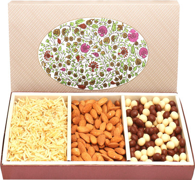 

Ghasitaram Gifts Dryfruits hamper-3 Part Eco Almonds, Nutties and Namkeen Box Combo(4)