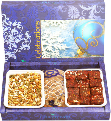 

Ghasitaram Gifts Hampers Ghasitaram's Sugarfree Dates and Figs Bites, Roasted Protein Mix and Almonds Pouch Hamper Combo(4)