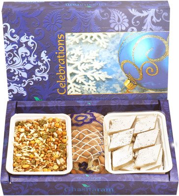 

Ghasitaram Gifts Hampers Ghasitaram's Sugarfree Kaju Katli, Roasted Protein Mix and Almonds Pouch Hamper Combo(4)