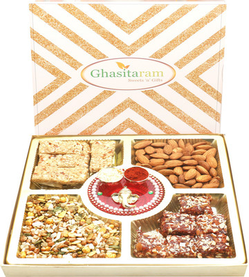 

Ghasitaram Gifts Hampers Ghasitaram Special Almonds, Roasted Protein Namkeen, Granola Bars and Dates Figs Bites Box with Mini Pooja Thali Combo(6)